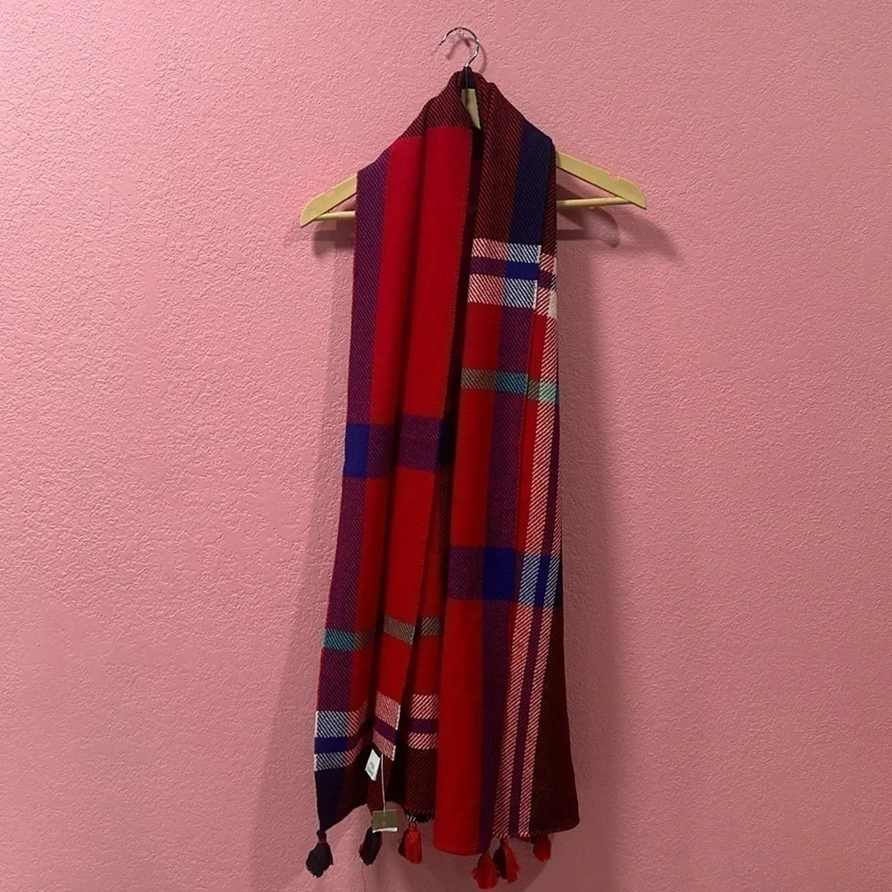 J CREW Oversized Wool Blend Red Plaid Scarf With Tassels